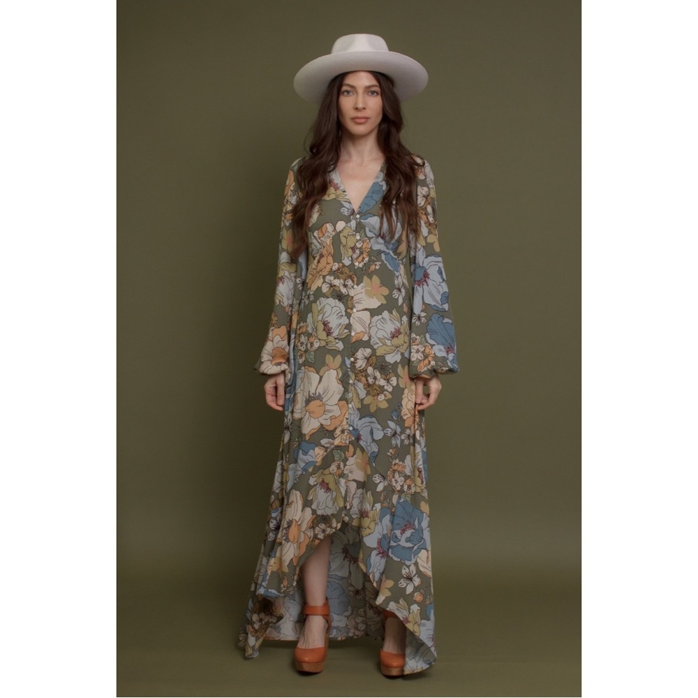 Floral Button Front Long Sleeve Maxi Dress